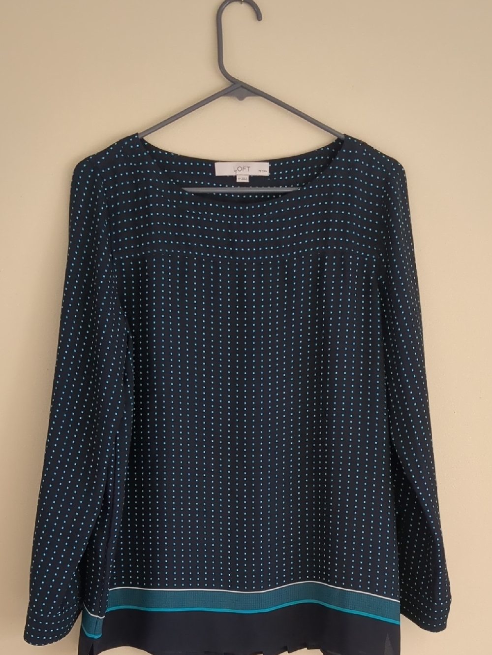 MP Medium Petite Ann Taylor Loft Polka Dot Pleated Roll Tab Sleeves Shirt Top
